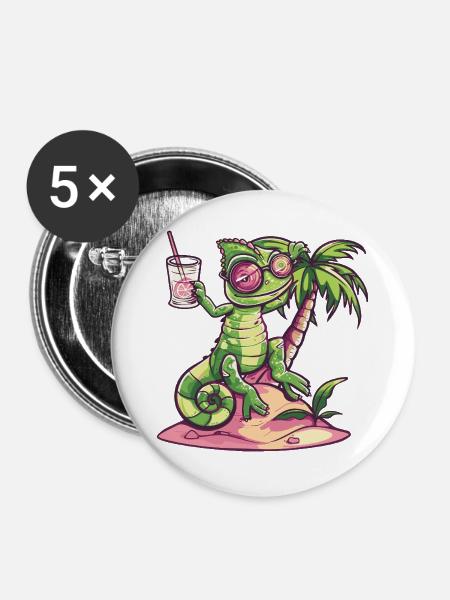 Chameleon Sommer Urlaub - Buttons groß 56 mm (5er Pack) - Weiß