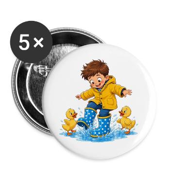 Junge springt mit Entenküken in Wasserpfützen - Buttons groß 56 mm (5er Pack) - Weiß - Vorne