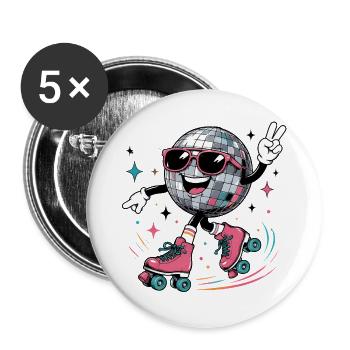 Disco Kugel auf Rollschuhen Retro Style - Buttons groß 56 mm (5er Pack) - Weiß - Vorne