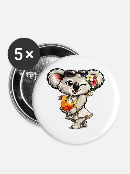 Süßer Koala mit tropischem Cocktail - Buttons groß 56 mm (5er Pack) - Weiß