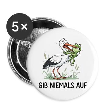 Gib niemals auf! – Lustiger Storch & Frosch - Buttons groß 56 mm (5er Pack) - Weiß - Vorne