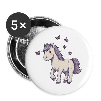 Süßes Pony mit Schmetterlingen - Buttons groß 56 mm (5er Pack) - Weiß - Vorne