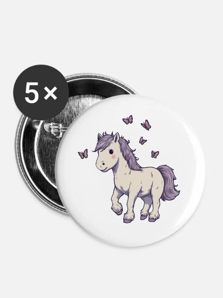 Süßes Pony mit Schmetterlingen - Buttons groß 56 mm (5er Pack) - Weiß