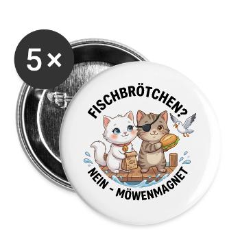 Katzen Fischbrötchen Möwenmagnet - Buttons groß 56 mm (5er Pack) - Weiß - Vorne