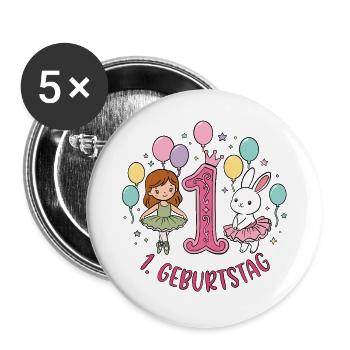 Erster Geburtstag: Mädchen und Hase - Buttons groß 56 mm (5er Pack) - Weiß - Vorne