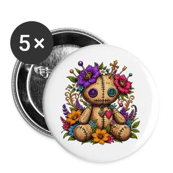 Poupée vaudou fleur avec des points de couture - Lot de 5 grands badges (56 mm) - blanc - Devant