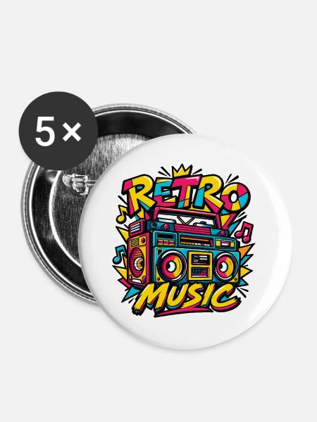 Retro-Musik - Buttons groß 56 mm (5er Pack) - Weiß