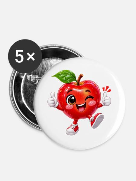 Freudiges Zwinkerndes Apfel-Maskottchen - Buttons groß 56 mm (5er Pack) - Weiß