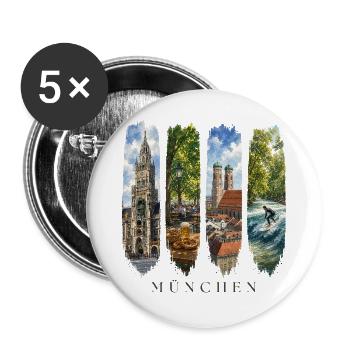 München Travel – Frauenkirche & Surfer Motiv - Buttons groß 56 mm (5er Pack) - Weiß - Vorne