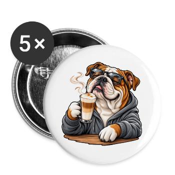 Englische Bulldogge mit Latte Macchiato - Buttons groß 56 mm (5er Pack) - Weiß - Vorne