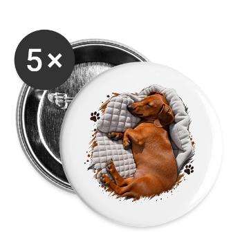 Dackel Kuscheltraum auf Decke - Buttons groß 56 mm (5er Pack) - Weiß - Vorne