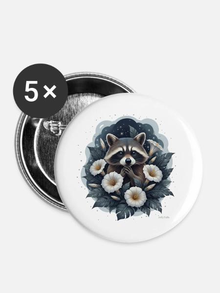 Waschbär im Blumenbeet. - Buttons groß 56 mm (5er Pack) - Weiß