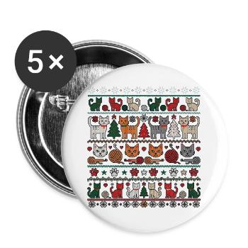 Weihnachts Katze Gestrickt - Buttons groß 56 mm (5er Pack) - Weiß - Vorne