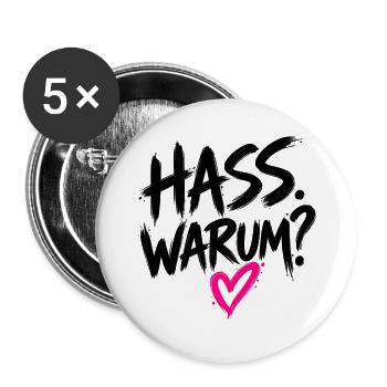 HASS. WARUM. – Statement gegen Hass - Buttons groß 56 mm (5er Pack) - Weiß - Vorne