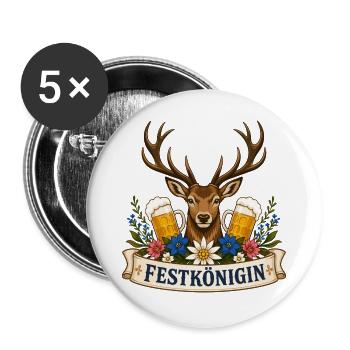 Festkönigin Hirsch Bier Hirschgeweih - Buttons groß 56 mm (5er Pack) - Weiß - Vorne