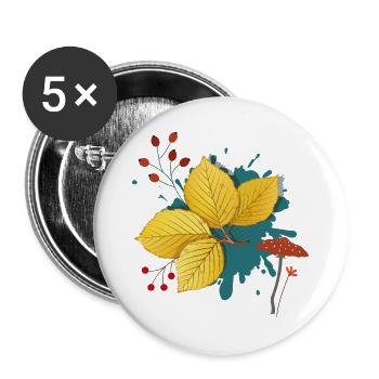 Herbstlaub  mit Pilz - Buttons groß 56 mm (5er Pack) - Weiß - Vorne