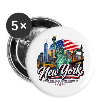 New York – The City That Never Sleeps - Buttons groß 56 mm (5er Pack) - Weiß - Vorne