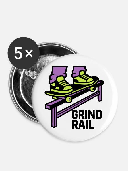 Skateboard Grind Rail Logo - Buttons groß 56 mm (5er Pack) - Weiß