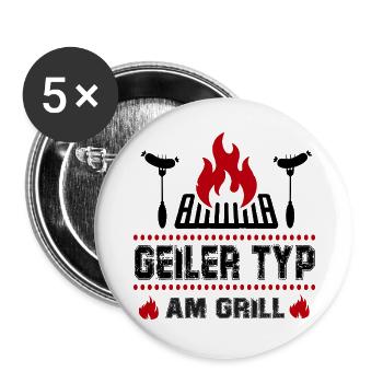 Geiler Typ am Grill Grillsprüche Chef BBQ Grill - Buttons groß 56 mm (5er Pack) - Weiß - Vorne