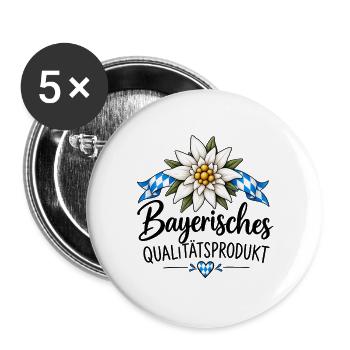Bayerisches Qualitätsprodukt - mit Edelweiß  - Buttons groß 56 mm (5er Pack) - Weiß - Vorne