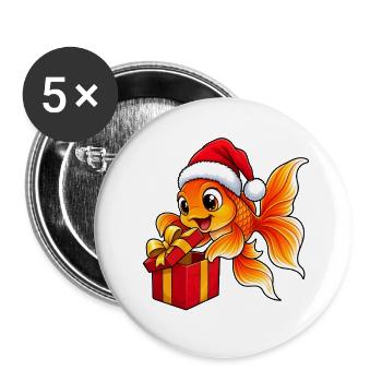 Goldfisch mit Weihnachtsmütze beim Geschenk - Buttons groß 56 mm (5er Pack) - Weiß - Vorne