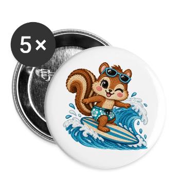 Surfendes Streifenhörnchen – Stickmotiv Optik  - Buttons groß 56 mm (5er Pack) - Weiß - Vorne