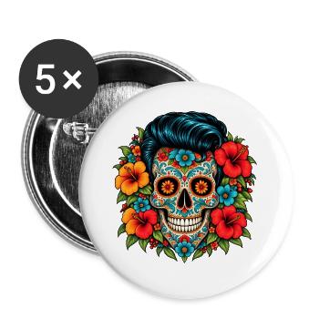Flower Skull – Rockabilly Sugar Skull - Buttons groß 56 mm (5er Pack) - Weiß - Vorne