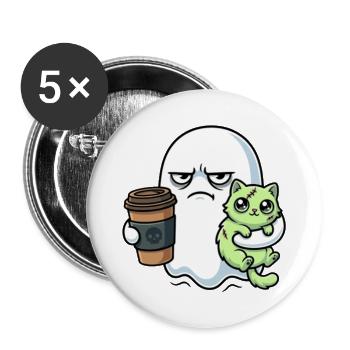 Halloween Kaffee Geist mit Zombie Katze - Buttons groß 56 mm (5er Pack) - Weiß - Vorne