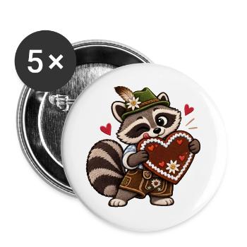 Waschbär in Tracht mit Lebkuchenherz - Buttons groß 56 mm (5er Pack) - Weiß - Vorne