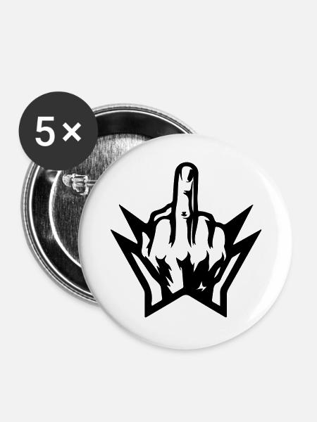 Mittelfinger Hand Zacken Schwarz - Buttons groß 56 mm (5er Pack) - Weiß
