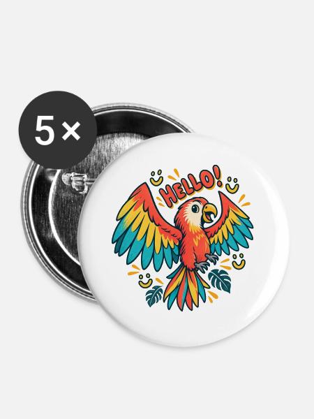 Farbenfroher Papagei Hallo - Buttons groß 56 mm (5er Pack) - Weiß