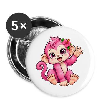 Kawaii-rosa Affe mit tropischer Blume - Buttons groß 56 mm (5er Pack) - Weiß - Vorne