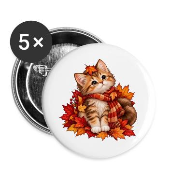 Herbstkätzchen im Blättermeer - Buttons groß 56 mm (5er Pack) - Weiß - Vorne