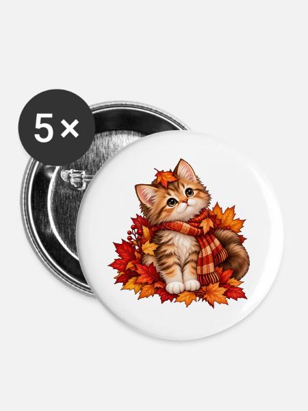 Herbstkätzchen im Blättermeer - Buttons groß 56 mm (5er Pack) - Weiß