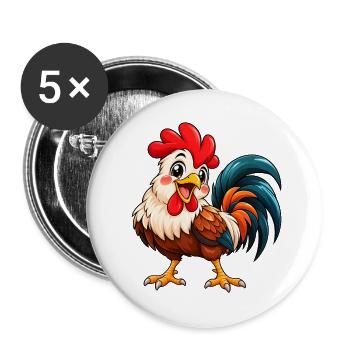 Hahn Kawaii Style – Süßer Hahn - Buttons groß 56 mm (5er Pack) - Weiß - Vorne