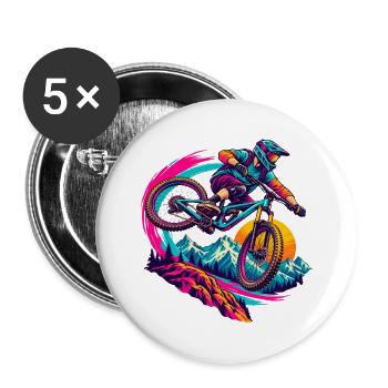 Mountainbike Downhill – Biker in Neonfarben - Buttons groß 56 mm (5er Pack) - Weiß - Vorne