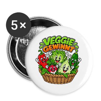 Veggie Gewinnt: Bunte Gemüsefreude - Buttons groß 56 mm (5er Pack) - Weiß - Vorne