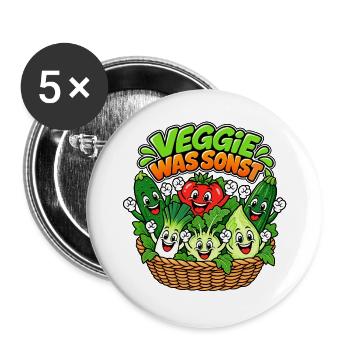 Fröhliche Gemüsebande im Körbchen - Buttons groß 56 mm (5er Pack) - Weiß - Vorne