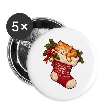 Kuschelkatze im Weihnachtsstrumpf - Buttons groß 56 mm (5er Pack) - Weiß - Vorne