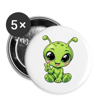 Alien Kawaii Style – Süßer Außerirdischer - Buttons groß 56 mm (5er Pack) - Weiß - Vorne