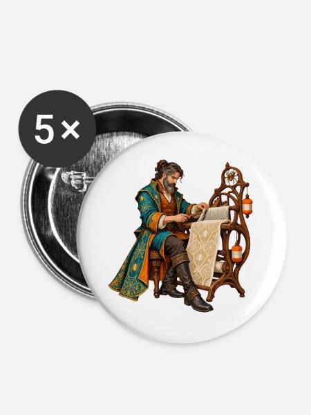 Renaissancemeister am Webstuhl - Buttons groß 56 mm (5er Pack) - Weiß