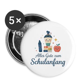 Schulanfang: Lächelnde Schulutensilien - Buttons groß 56 mm (5er Pack) - Weiß - Vorne