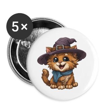 Hexenkatze mit Hut und Schal - Buttons groß 56 mm (5er Pack) - Weiß - Vorne