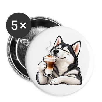 Husky mit Latte Macchiato – Kaffeepause - Buttons groß 56 mm (5er Pack) - Weiß - Vorne