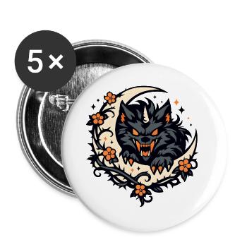 Mondwolf mit Blütenkranz - Buttons groß 56 mm (5er Pack) - Weiß - Vorne