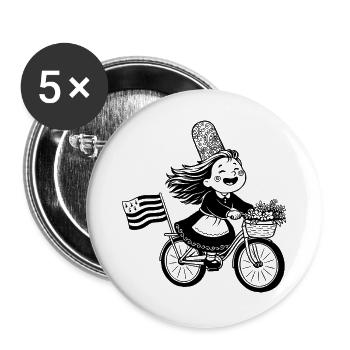Süßes Bigouden-Mädchen auf dem Fahrrad mit bretonischer Flagge - Buttons groß 56 mm (5er Pack) - Weiß - Vorne
