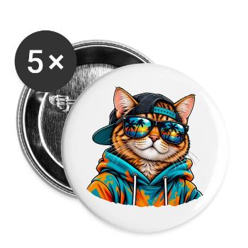 Cool Cat mit Sonnenbrille – tropische Sommerstimmung - Buttons groß 56 mm (5er Pack) - Weiß - Vorne