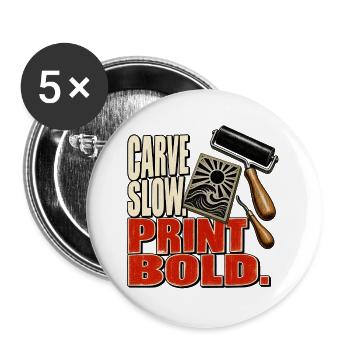 Schneide langsam. Drucke fett. - Buttons groß 56 mm (5er Pack) - Weiß - Vorne