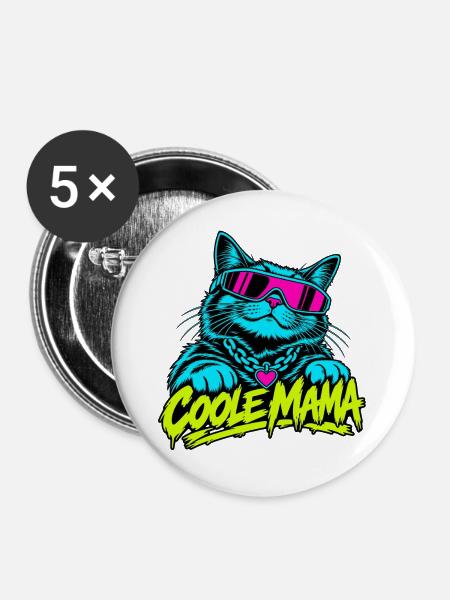 Coole Mama Katze Neon-Grafik - Buttons groß 56 mm (5er Pack) - Weiß