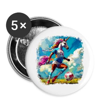 Einhörner Fussball / Fussballer Einhorn - Buttons groß 56 mm (5er Pack) - Weiß - Vorne